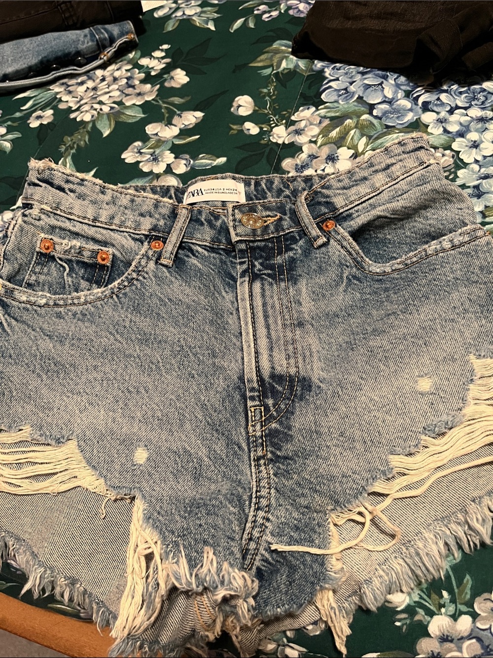 Zara Light Blue Distressed High-Rise Denim Shorts